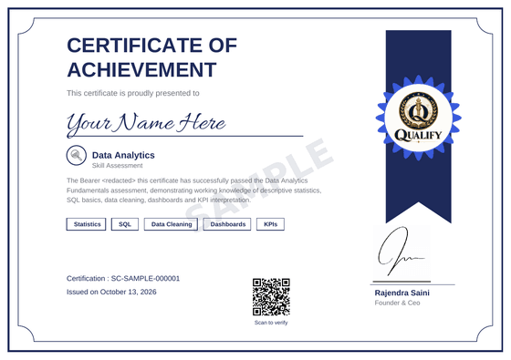 Data Analytics sample certificate with your name on it