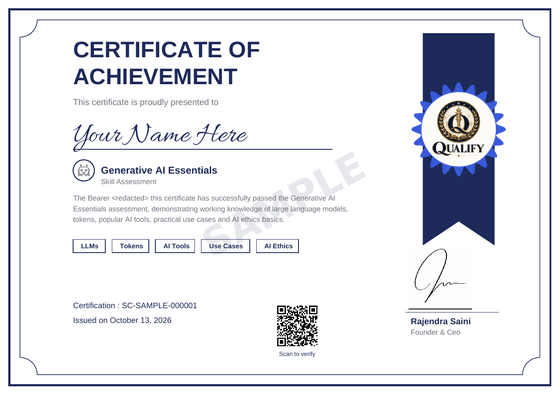Generative AI Essentials sample certificate with your name on it